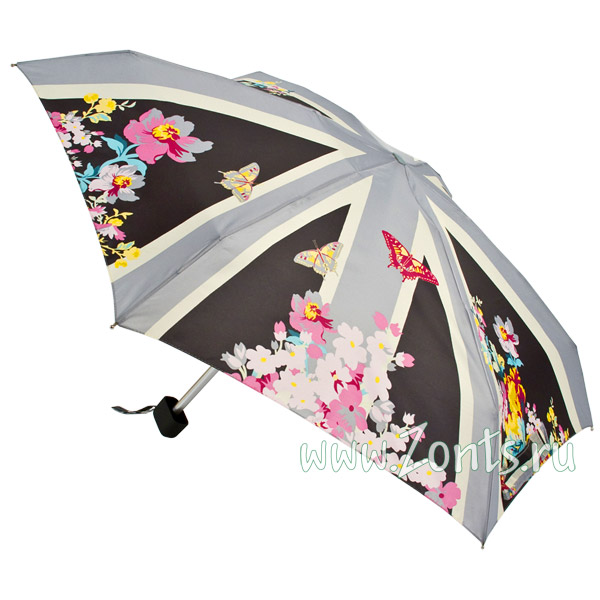 Компактный женский зонтик Fulton L501-2272 Union Garden Grey Tiny-2 с цветами и бабочками