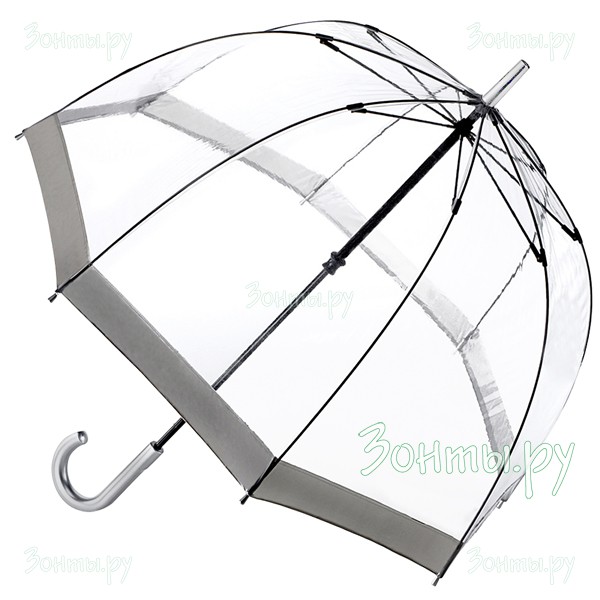 Прозрачный женский зонт-трость Fulton L041-003 Metallic Silver Birdcage-1 с изогнутой ручкой