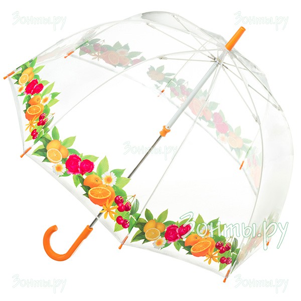 Прозрачный женский зонт-трость Fulton L042-2314 Tropicana Birdcage-2 с фруктами по окантовке