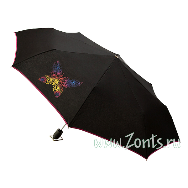 Легкий женский зонтик Airton 3912-13 с разноцветной бабочкой на черном фоне