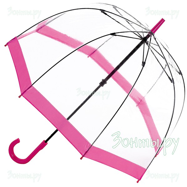 Прозрачный женский зонт-трость Fulton L041-022 Pink Birdcage-1 с розовой ручкой