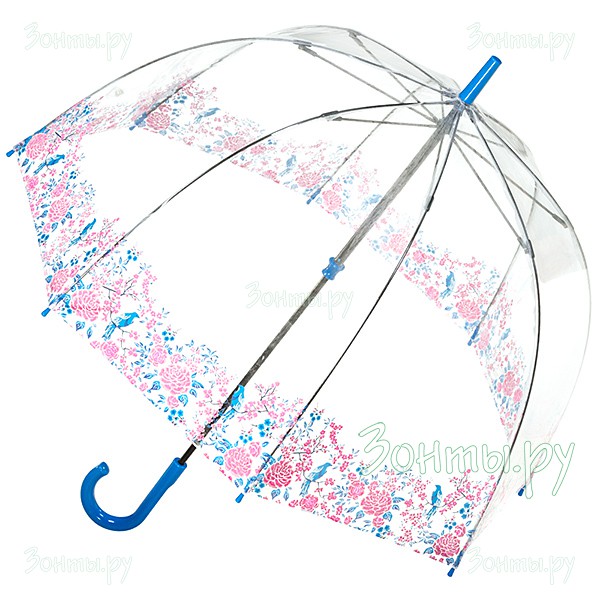 Прозрачный женский зонт-трость с цветами Fulton L042-3303 Blossom Bird Birdcage-2
