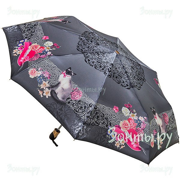 Женский зонт с кошечкой и цветами Три слона L3841(141)-27G из сатина