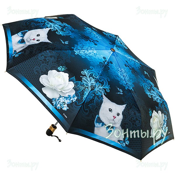 Женский зонт с кошкой и цветком Три слона L3841(141)-32G сатиновый